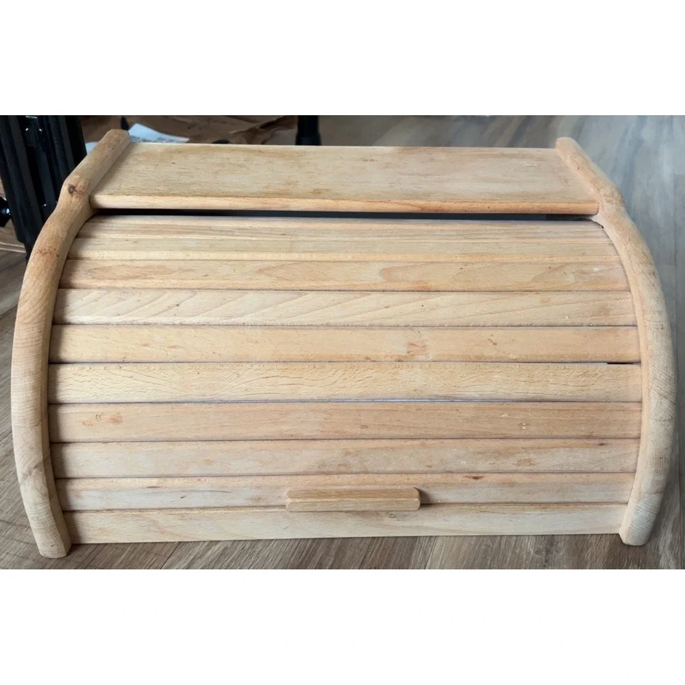 Natural Raw Wood Roll Top Bread Box Bread Bin